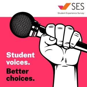 Illustration of a hand holding a microphone, with the text “Student voices. Better choices.” and the SES (Student Experience Survey) logo in the top right corner.