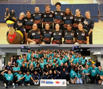 Composite image showing ECU student-athletes. Top: ECU Indigenous Nationals team in black uniforms with cultural designs pose on a volleyball court with mascot and event signage. Bottom: Large group of ECU student-athletes and staff in teal uniforms celebrate at the Western Invitational, holding an event banner.